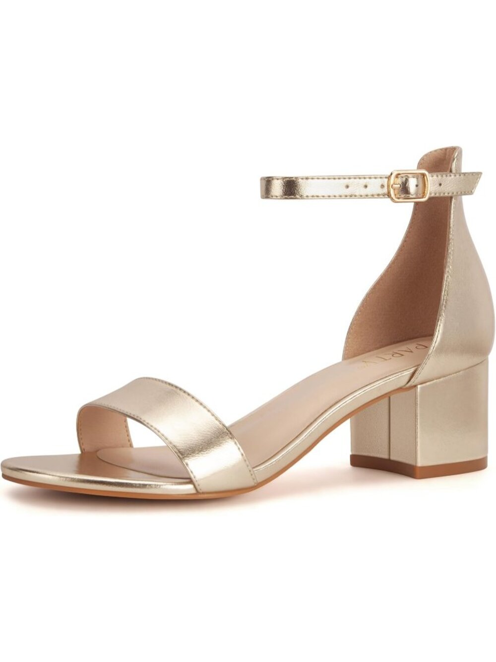 Women's Light Gold Faux Leather Open Toe Ankle Strap Block Chunky Heels Sandal